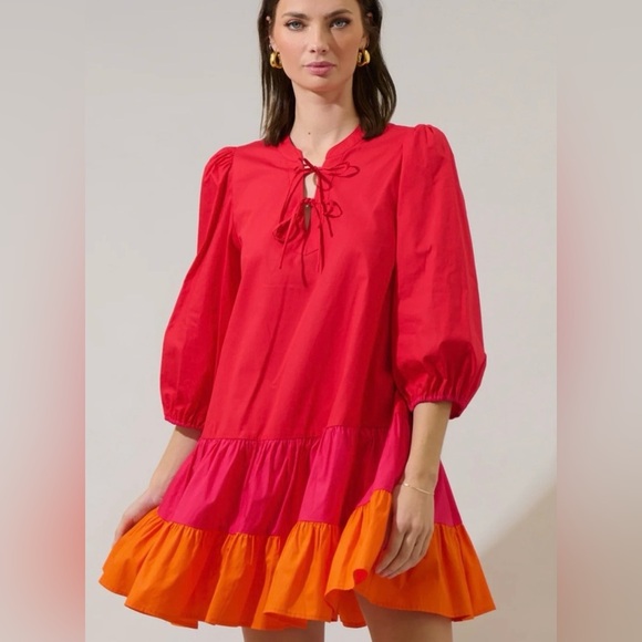 Sugarlips Dresses & Skirts - Sugarlips Red Colorblock Tie-Neck Mini Dress with Pink & Orange Tiers